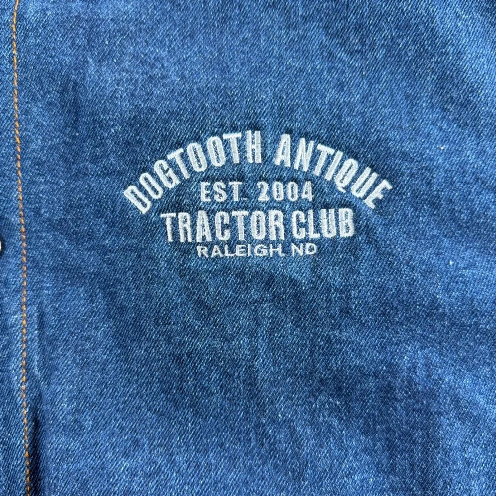 Tri-Mountain Denim Varsity Jacket mens Large Blue Dogtooth‎ Antique Tractor Club